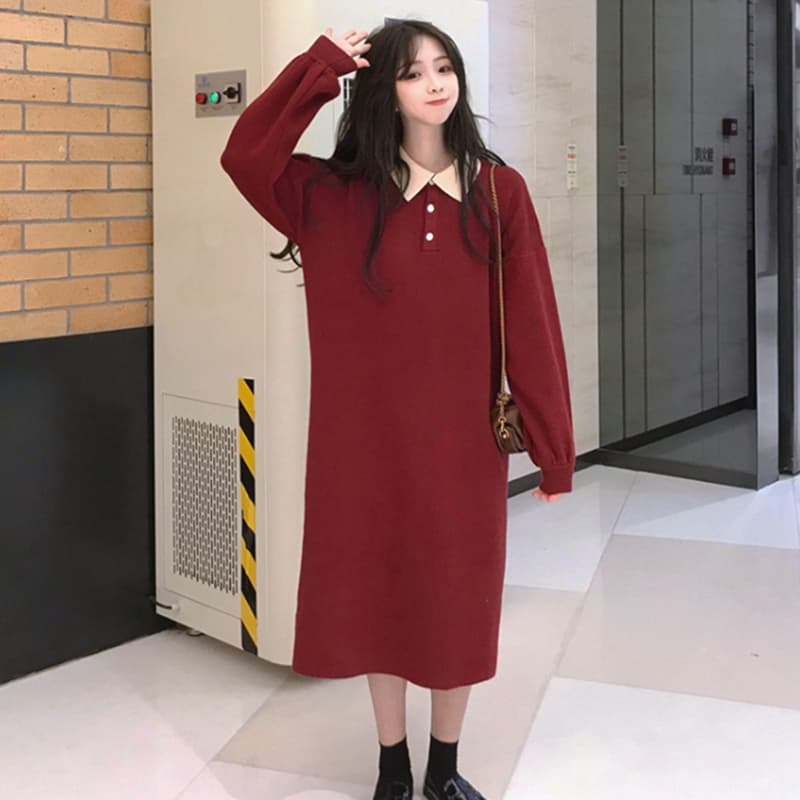ロングワンピース ポロシャツ 襟付き長袖ポロシャツワンピース