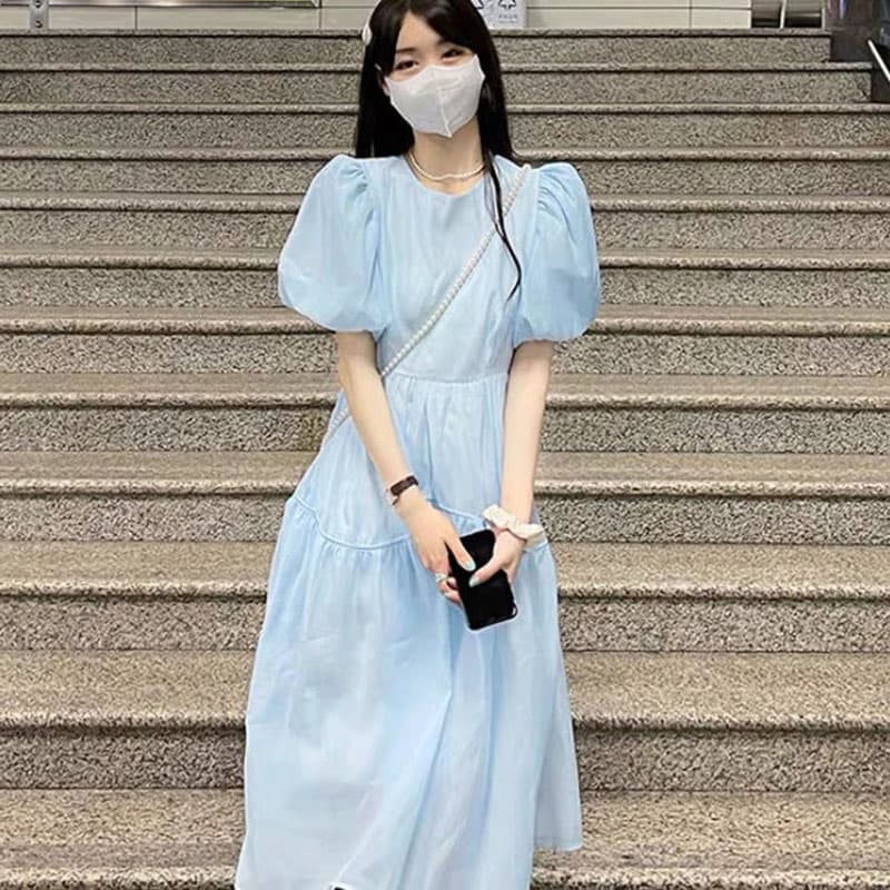 ロングワンピース レース ふんわりパフ袖ティアードロングワンピース
