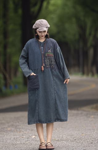 ロングワンピース 民族調刺繍入り ゆったりデニムワンピース