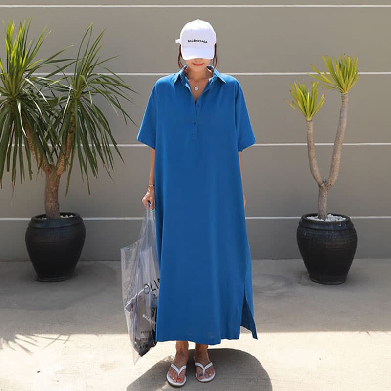 ロングワンピース シャツ 襟付き半袖ゆったりシルエットロングワンピース