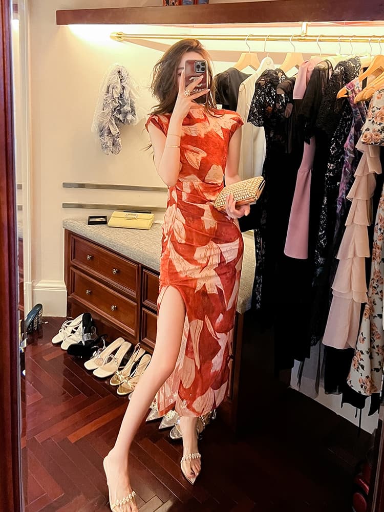 ロングワンピース レース 優雅な花柄チャイナ風スリットワンピース