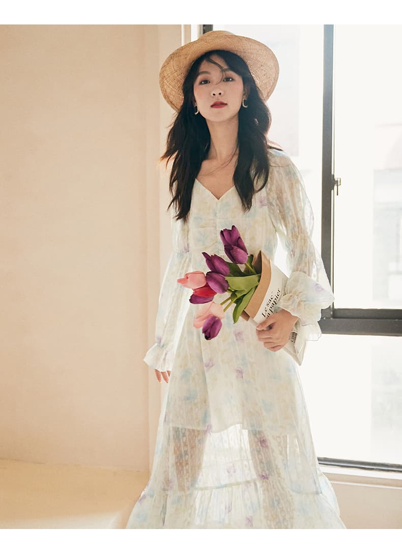 ロングワンピース レース 優美花柄シアーレースワンピース