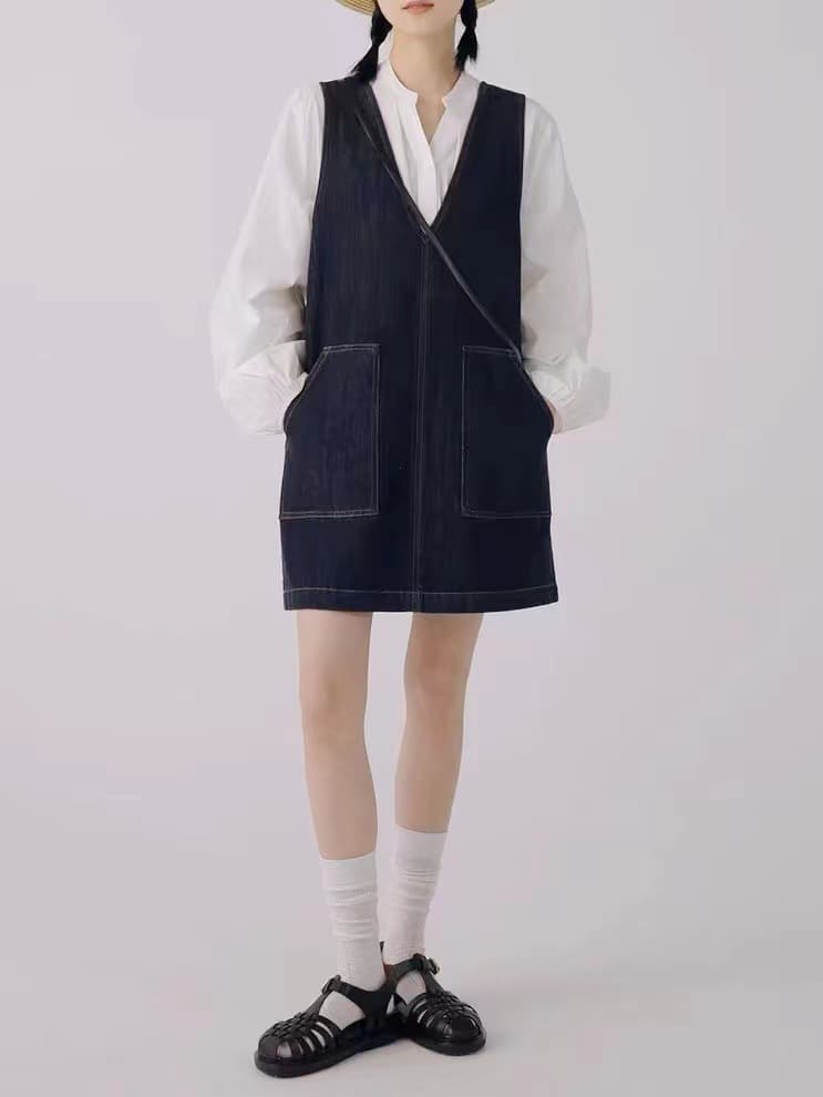 ロングワンピース デニムジャンパースカート ゆったりシルエット