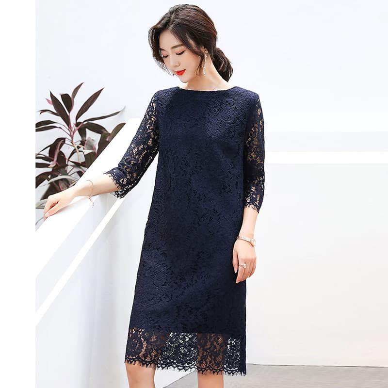 ロングワンピース レース 上品透かしレース七分袖ワンピース