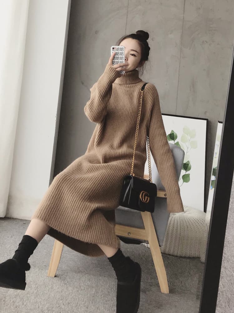 ロングワンピース タートルネック リブ編みニットタートルネックロングワンピース