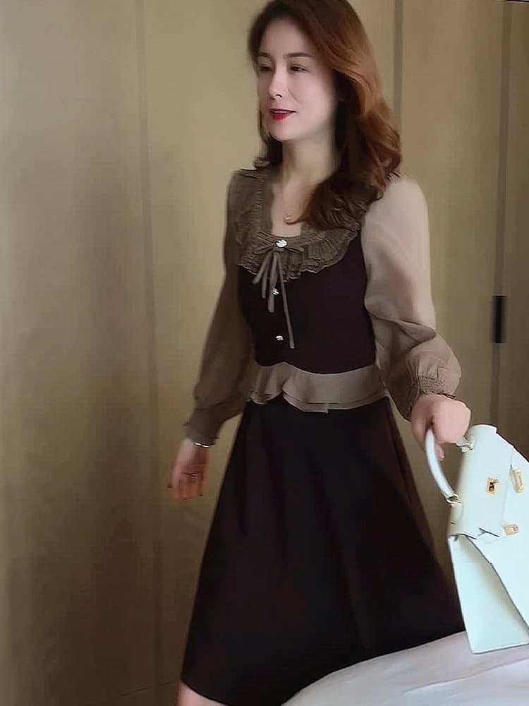 ロングワンピース 優美なレース襟シースルーワンピース