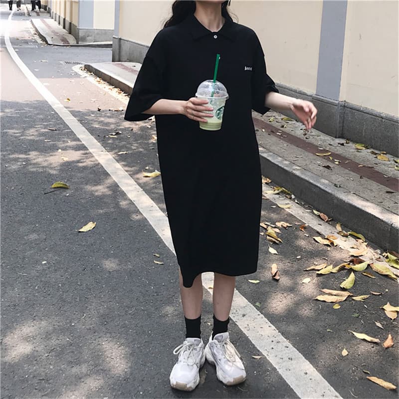 ロングワンピース ポロシャツ 襟付きゆったりシルエットポロシャツワンピース