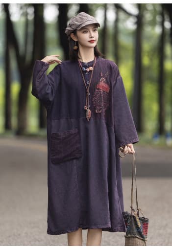 ロングワンピース 民族調刺繍入り ゆったりデニムワンピース