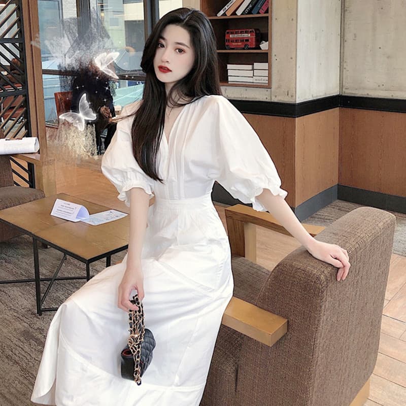 ロングワンピース シャツ パフスリーブ襟付きウエストマークロングワンピース