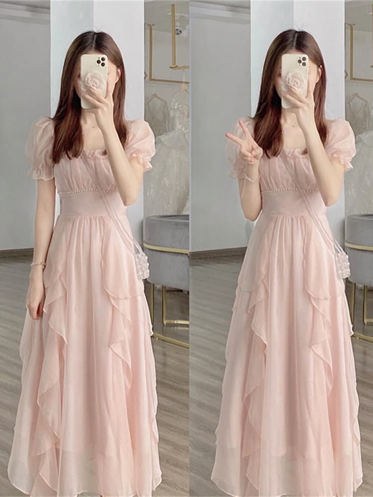 ロングワンピース レース ふんわりシフォンフリル袖ロングワンピース