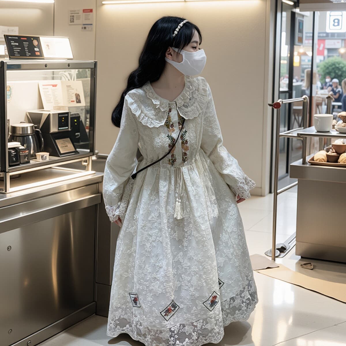 ロングワンピース レース 襟付き花柄刺繍レースロングワンピース