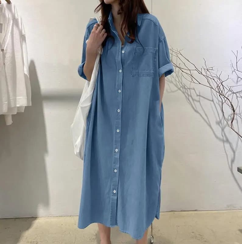 ロングワンピース ゆったりシルエット五分袖デニムワンピース