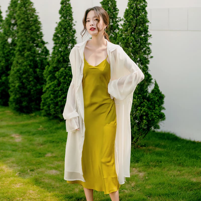 ロングワンピース シャツ ボリューム袖透け感羽織りシャツワンピース