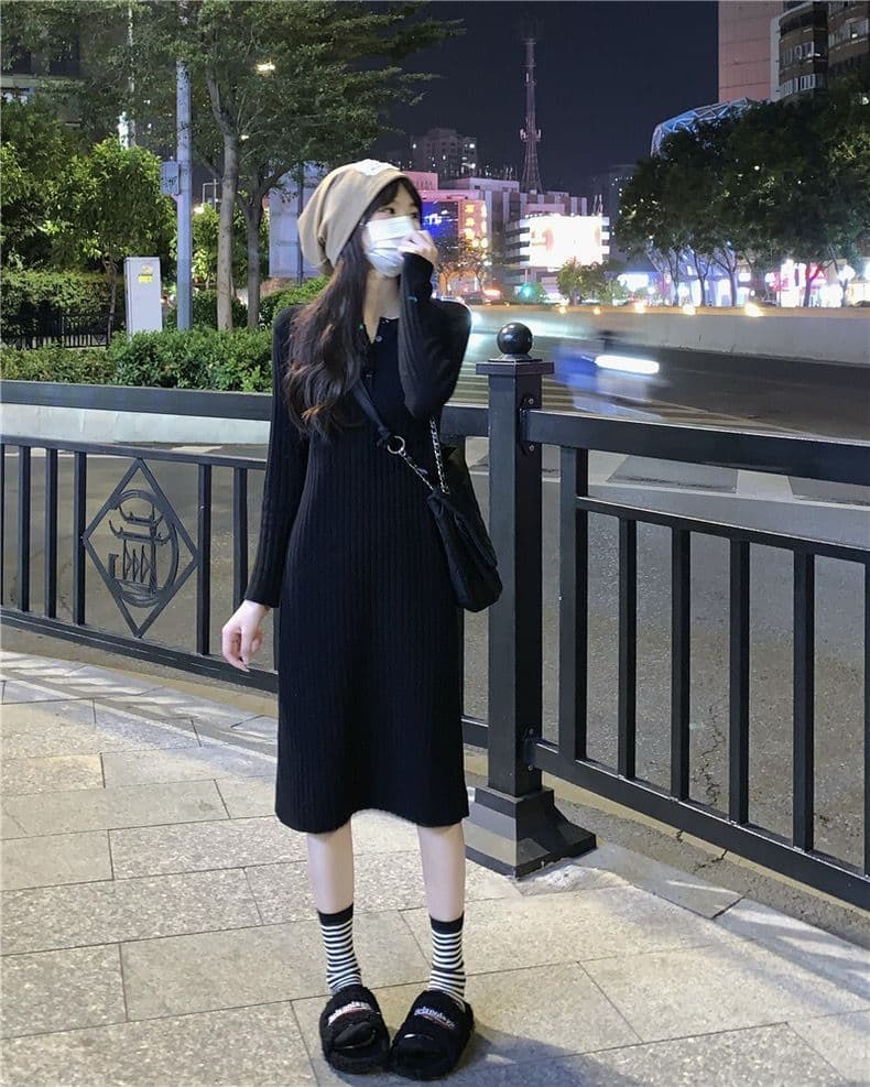 ロングワンピース しなやかリブ編みワンピース