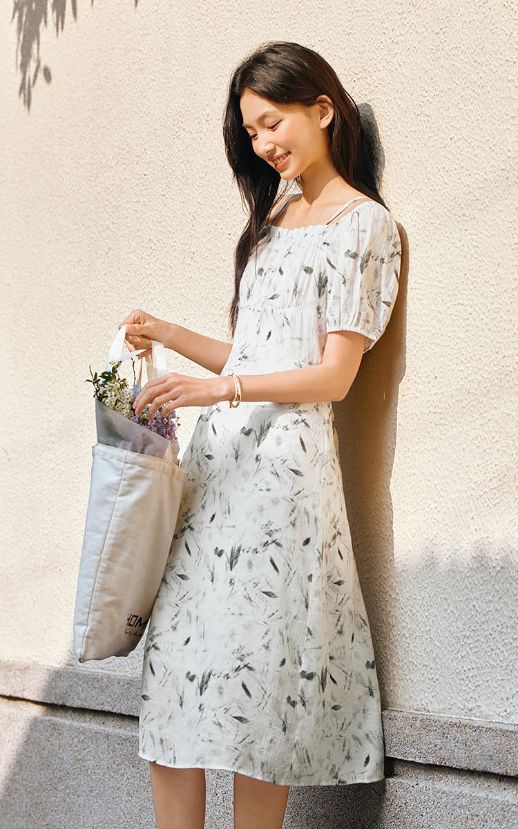 ロングワンピース キャミ 花柄プリント半袖キャミソール風ワンピース