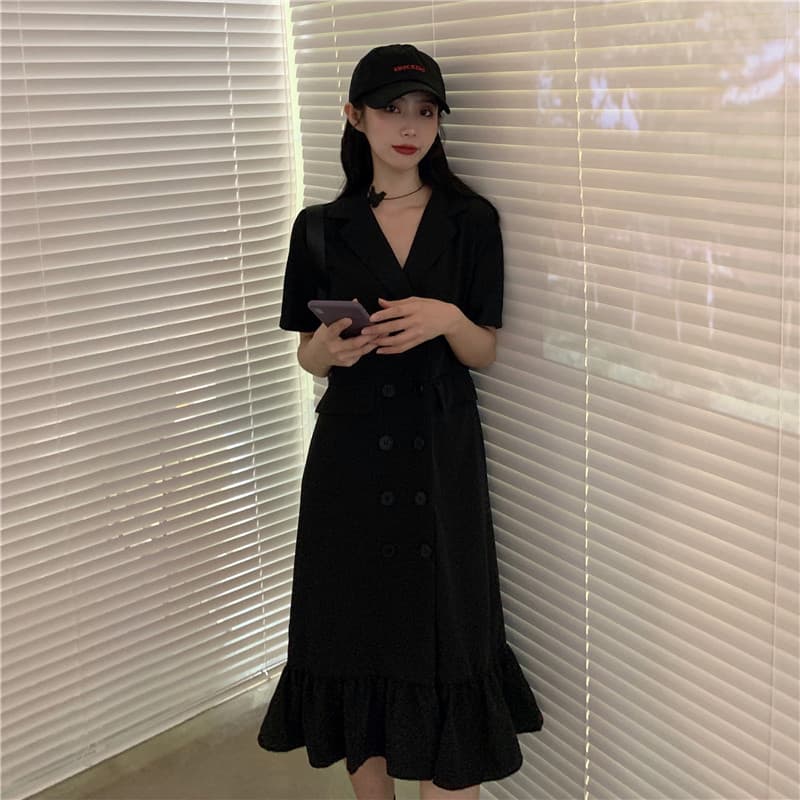 ロングワンピース シャツ 襟付き半袖ダブルボタンフリル裾ロングワンピース