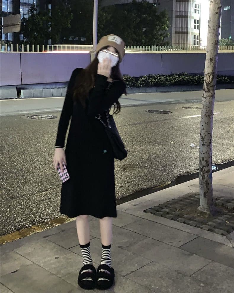 ロングワンピース しなやかリブ編みワンピース