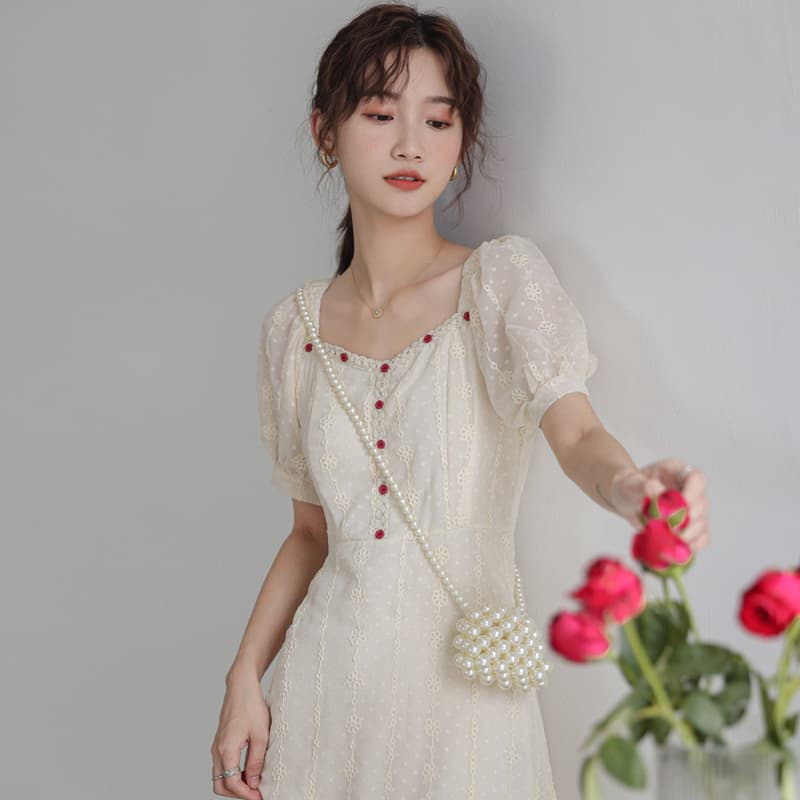 ロングワンピース レース パフスリーブ刺繍レースロングワンピース