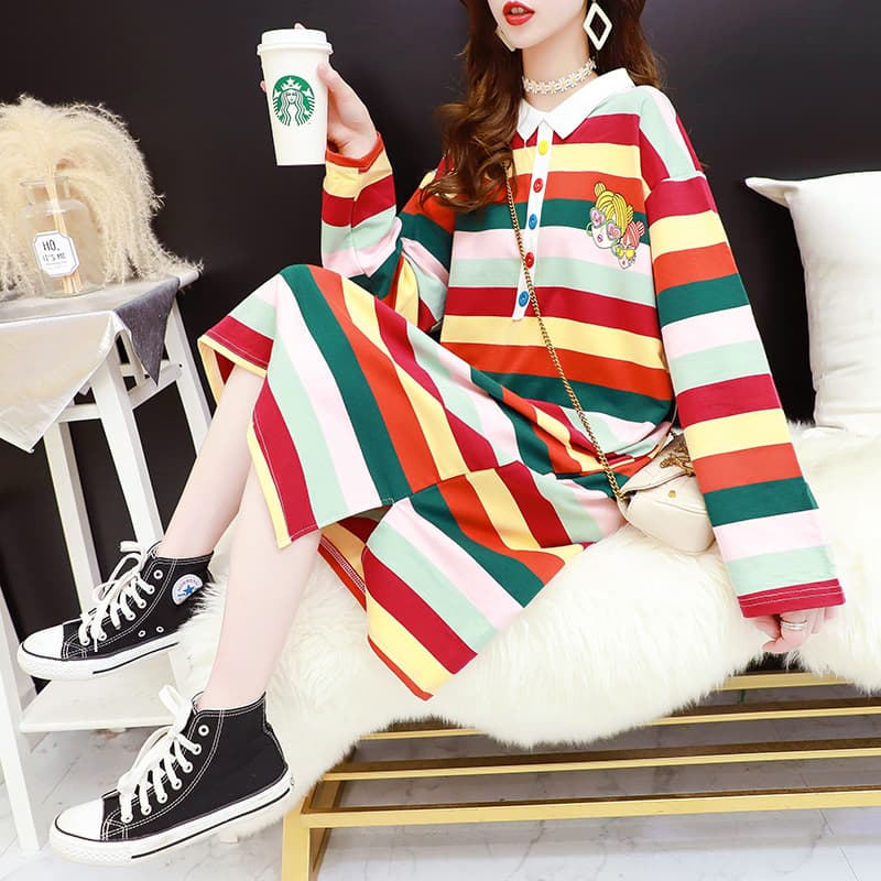 ロングワンピース かわいい縞模様のふんわりポロワンピース