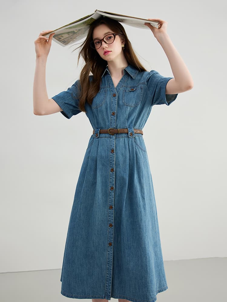 ロングワンピース デニム 知的シルエットの前開きデニムワンピース