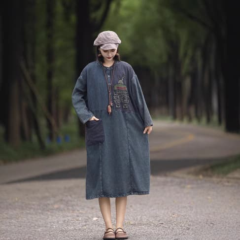 ロングワンピース 民族調刺繍入り ゆったりデニムワンピース