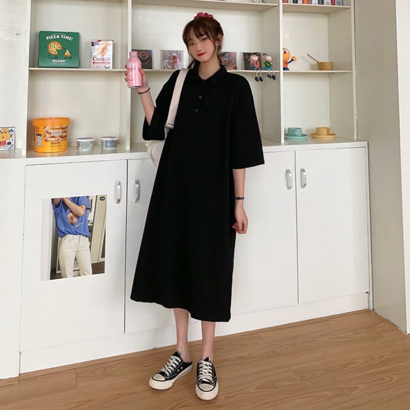 ロングワンピース シャツ ゆったり襟付き半袖ロングワンピース