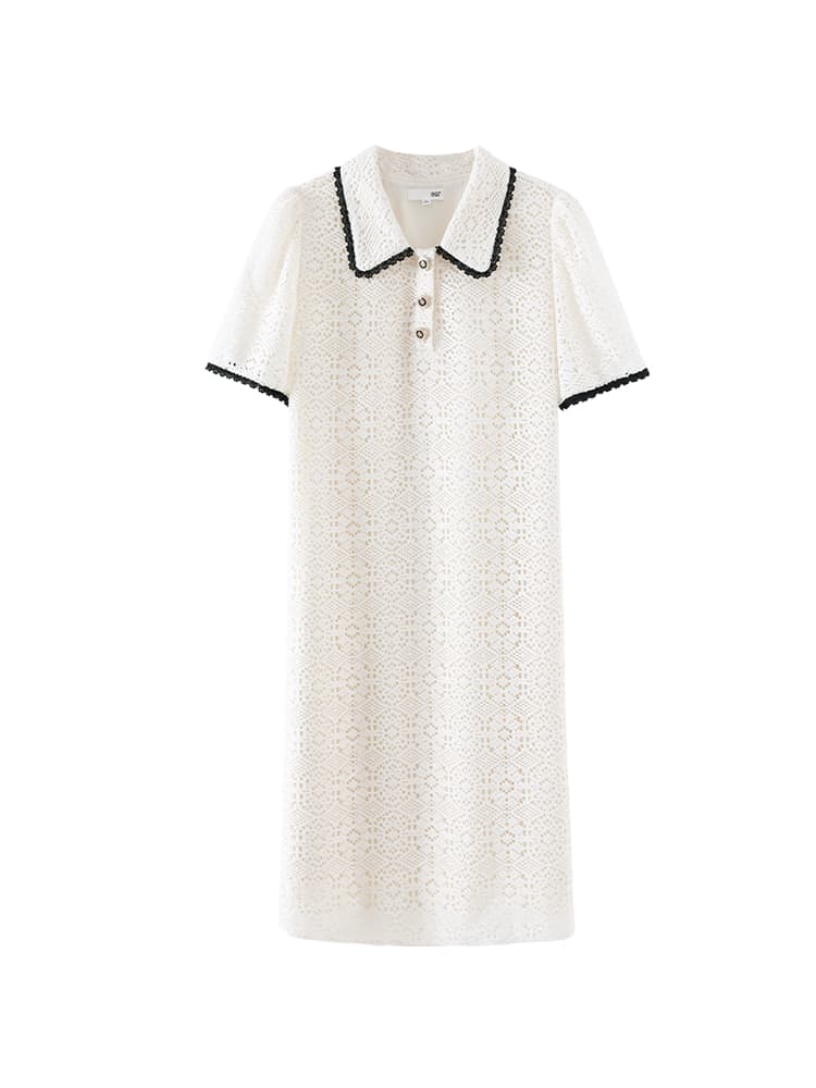 ロングワンピース レース 襟付きレース編みロングワンピース