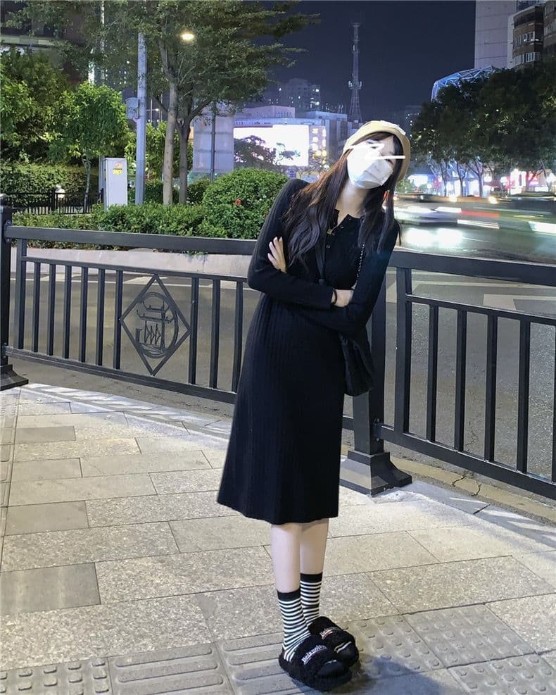 ロングワンピース しなやかリブ編みワンピース