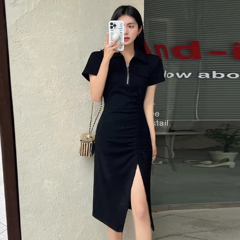 ロングワンピース ポロシャツ 襟付き半袖スリット入りロングワンピース