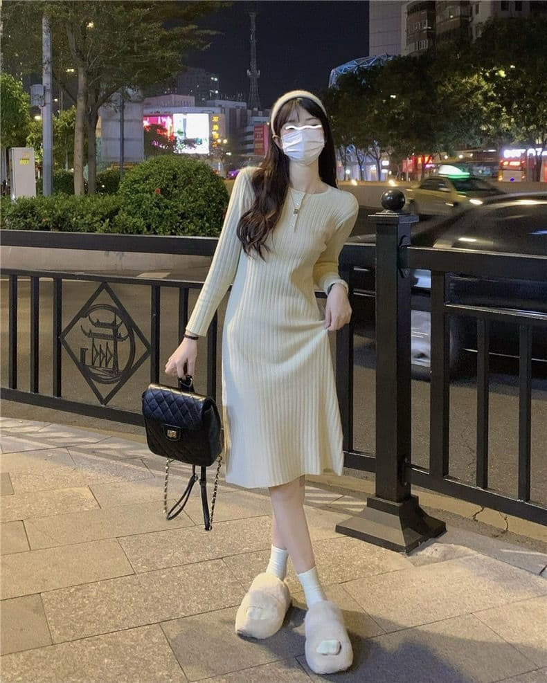 ロングワンピース しなやかリブ編みワンピース