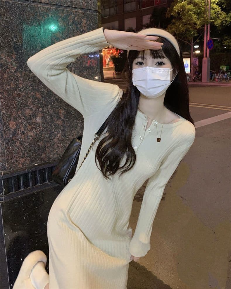 ロングワンピース しなやかリブ編みワンピース