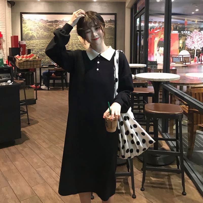 ロングワンピース ポロシャツ 襟付き長袖ポロシャツワンピース
