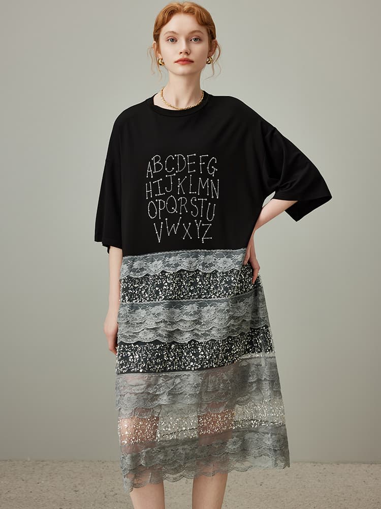 ロングワンピース レース 文字刺繍レース切替ロングワンピース