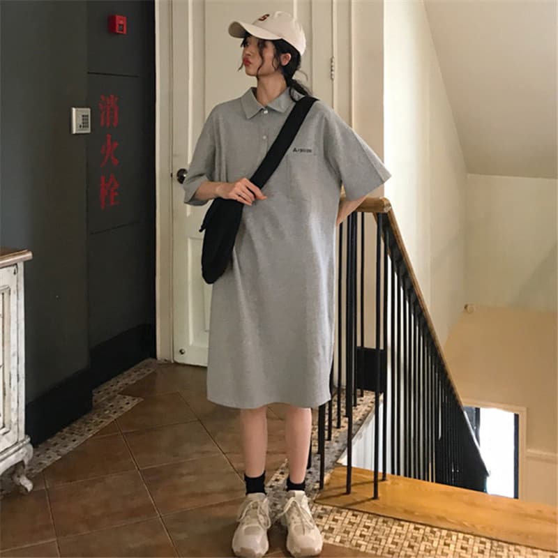 ロングワンピース ポロシャツ 襟付きゆったりシルエットポロシャツワンピース