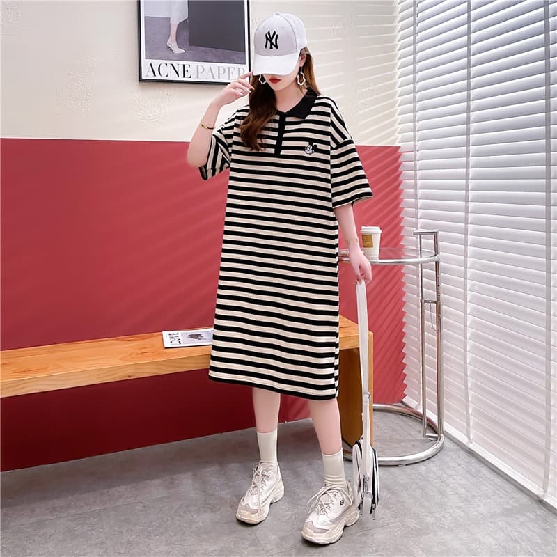 ロングワンピース ポロシャツ ボーダー柄ポロ衿ゆったりロング丈ワンピース