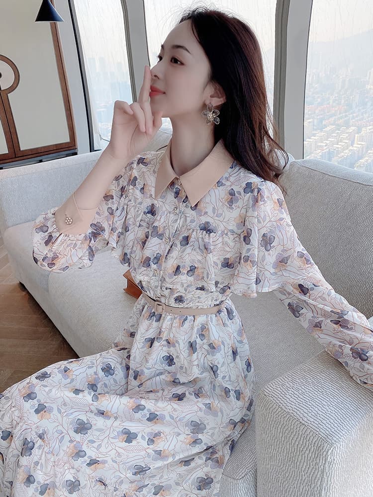 ロングワンピース シャツ 花柄プリント襟付きベルト付きロングワンピースシャツ