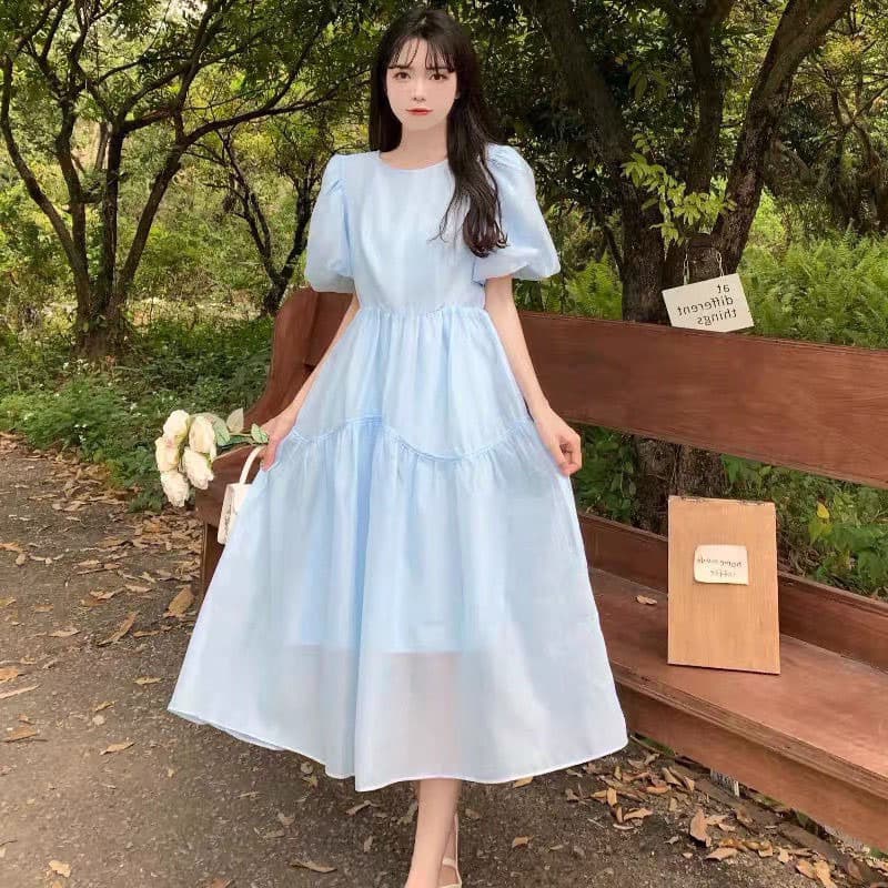 ロングワンピース レース ふんわりパフ袖ティアードロングワンピース