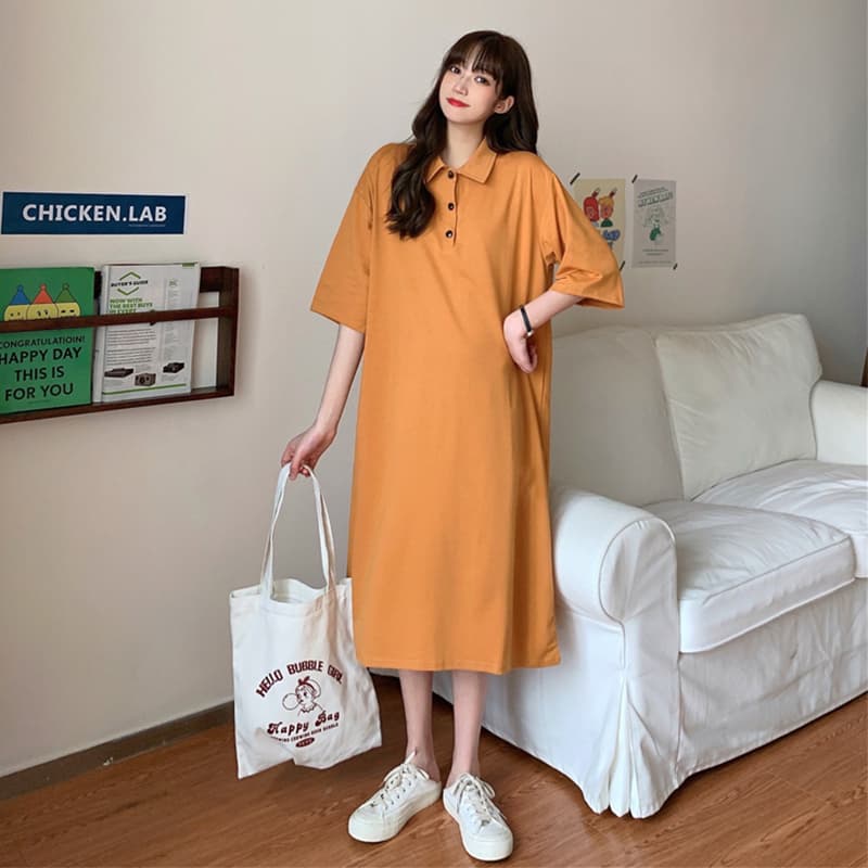 ロングワンピース シャツ ゆったり襟付き半袖ロングワンピース