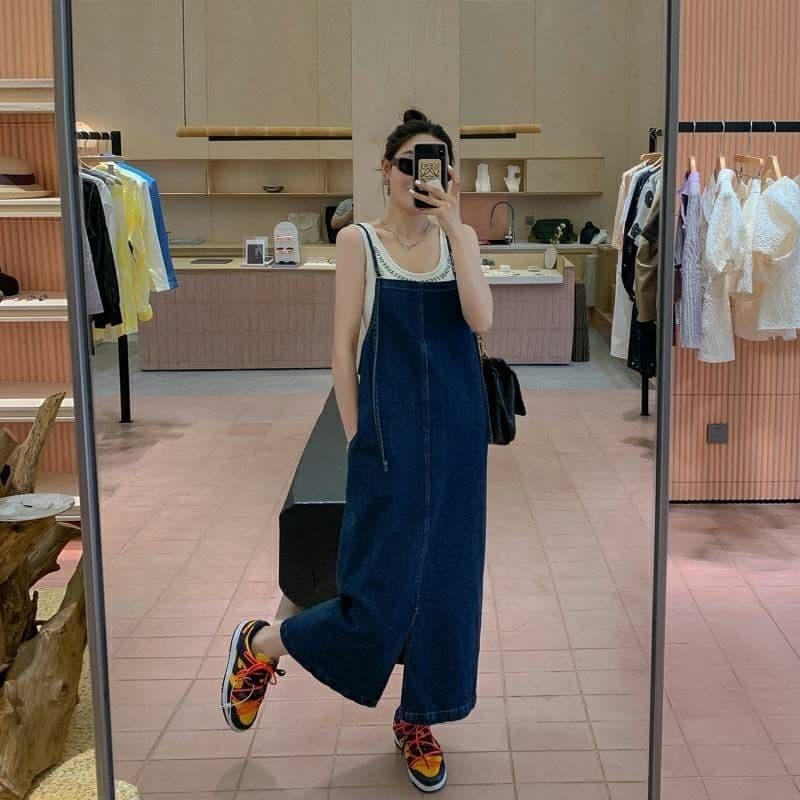 ロングワンピース サロペット風デザインワンピース