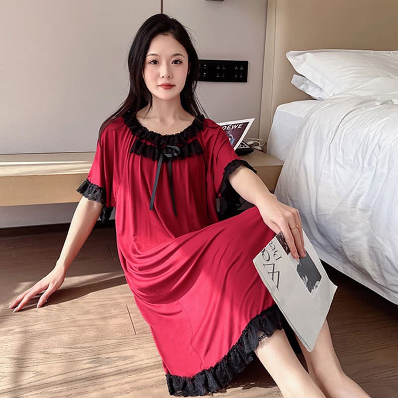 ロングワンピース レース 優美レース飾りゆったりナイトドレス