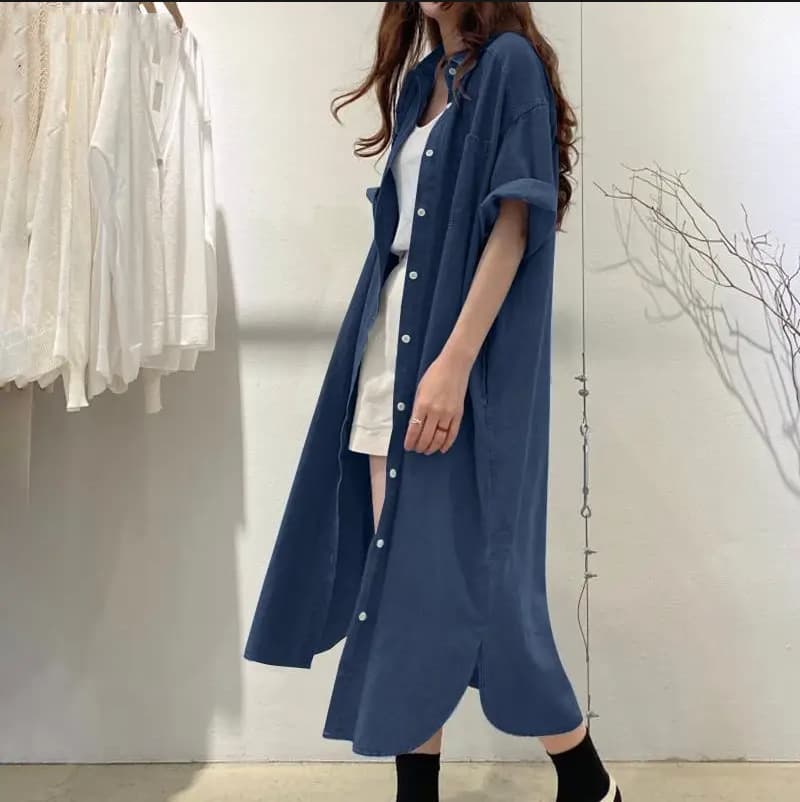 ロングワンピース ゆったりシルエット五分袖デニムワンピース