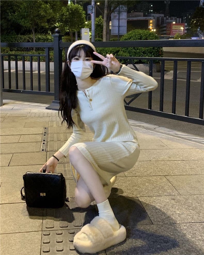 ロングワンピース しなやかリブ編みワンピース