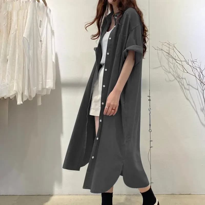 ロングワンピース ゆったりシルエット五分袖デニムワンピース