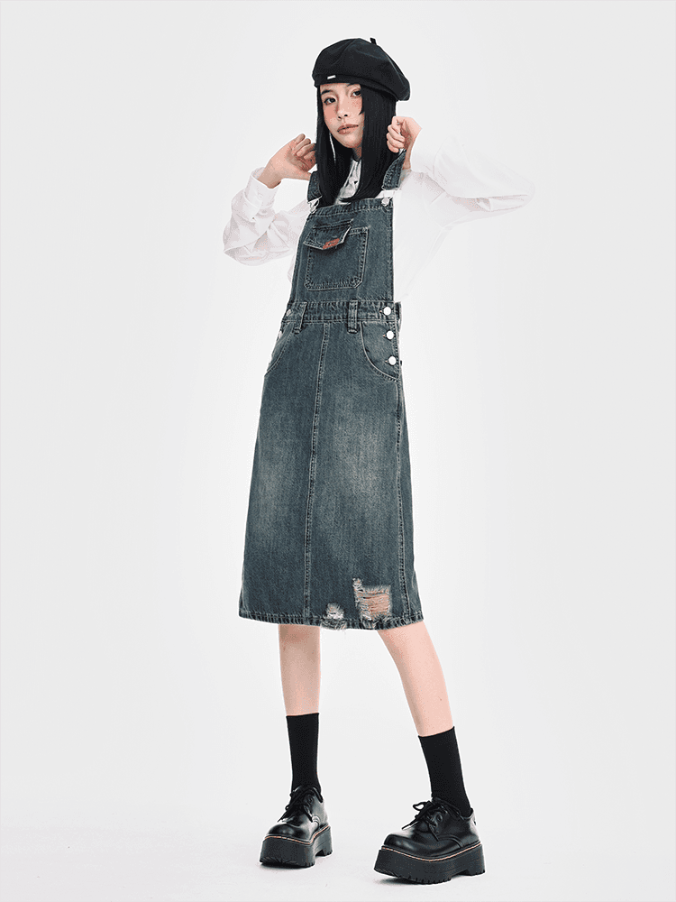 ワンピース デニム こだわりダメージ加工サロペット