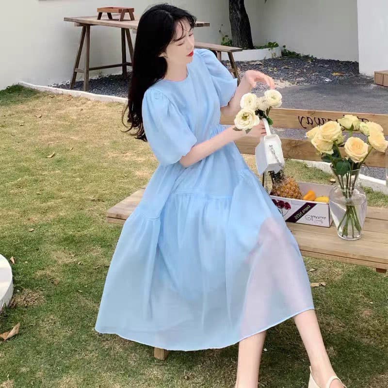 ロングワンピース レース ふんわりパフ袖ティアードロングワンピース