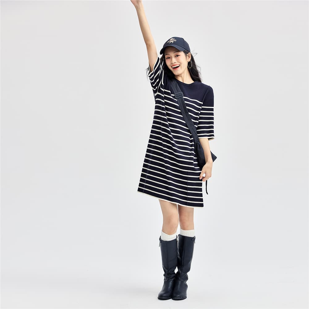ロングワンピース ニット ボーダー柄ゆったりニットロングワンピース