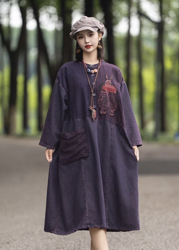ロングワンピース 民族調刺繍入り ゆったりデニムワンピース