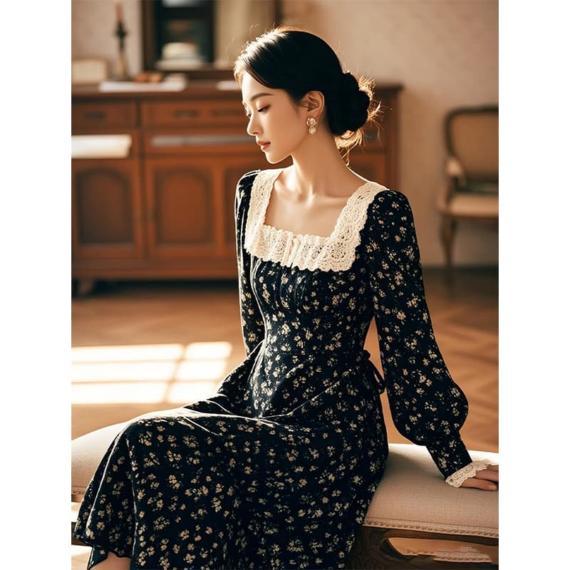 ロングワンピース レース 花柄レース襟付きクラシカルワンピース