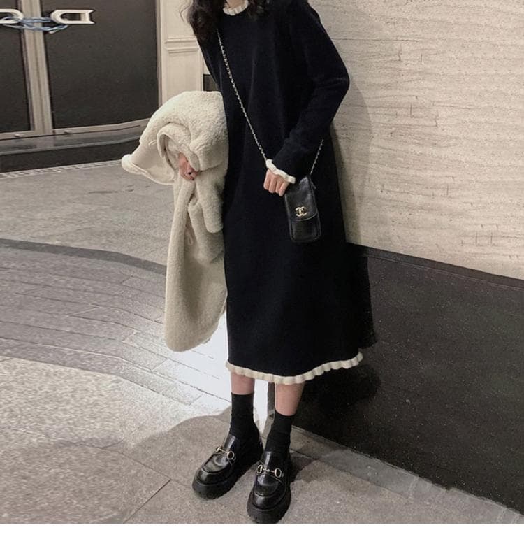 ロングワンピース レース 襟元パールレース付きニットロングワンピース