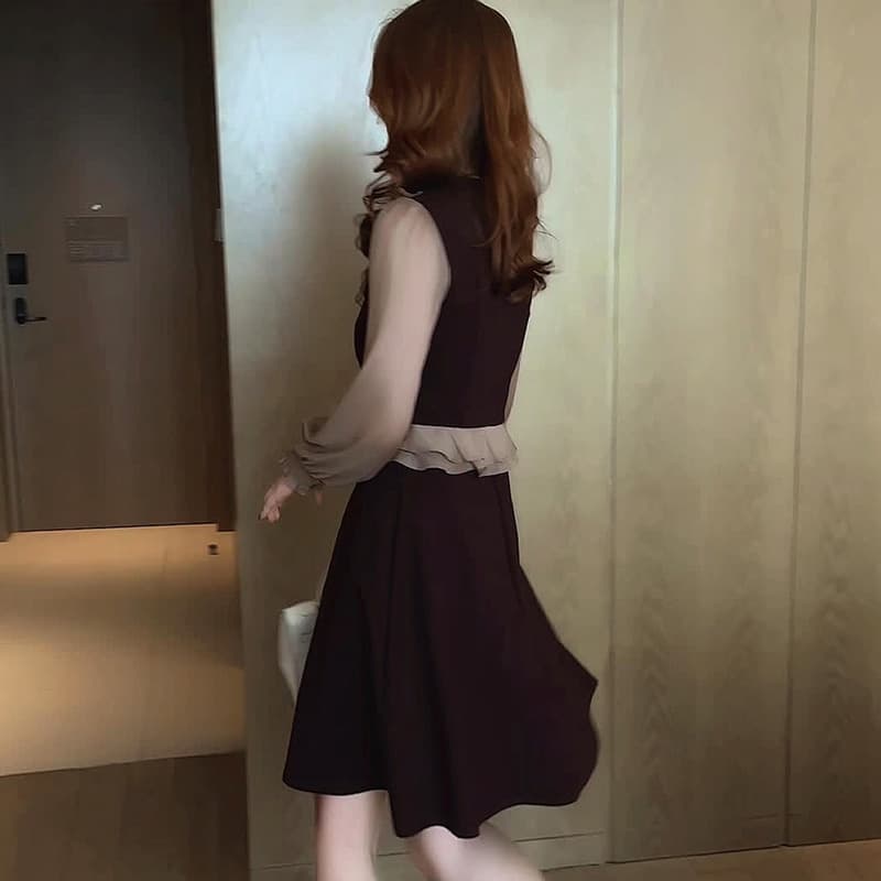 ロングワンピース 優美なレース襟シースルーワンピース